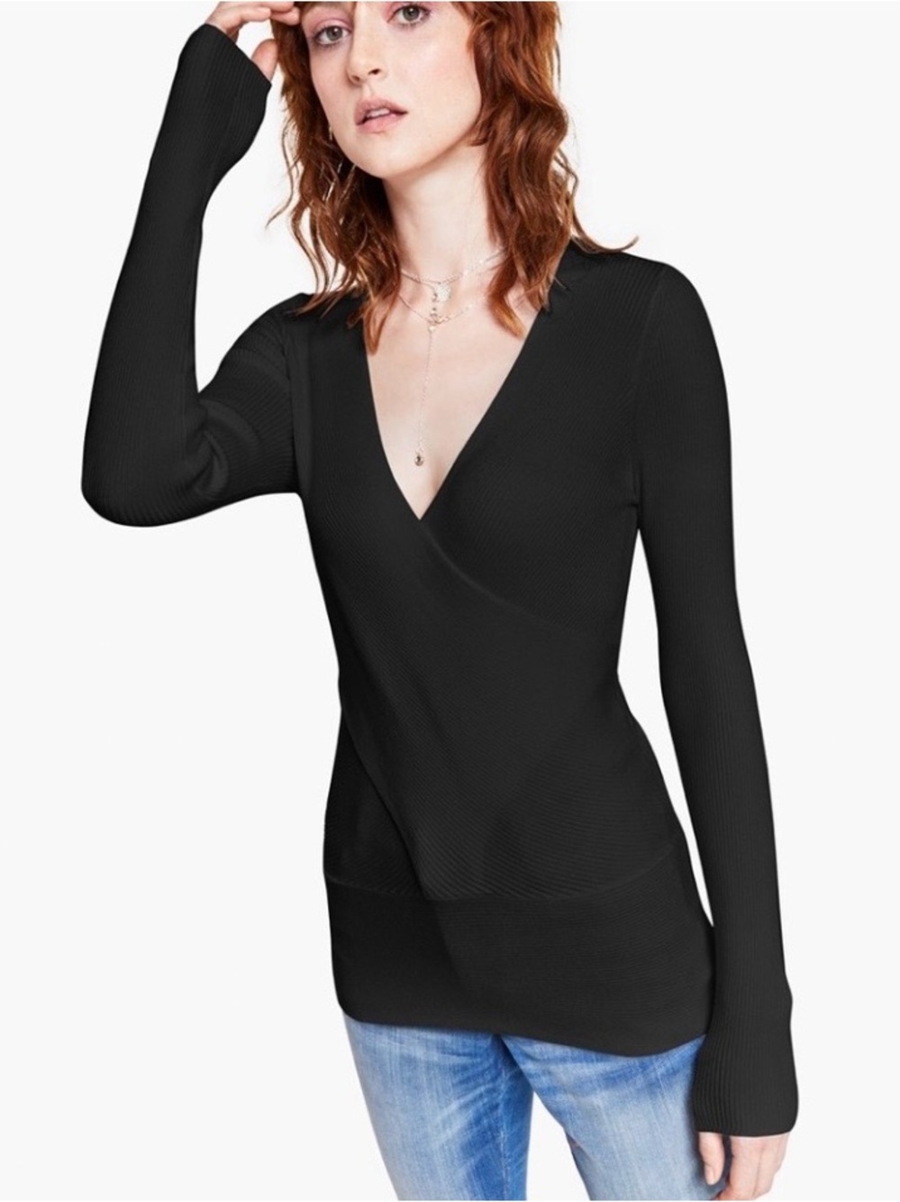 INC Petite Black Ribbed V-Neck Wrap Long Sleeve Sweater, New Unopened Bag